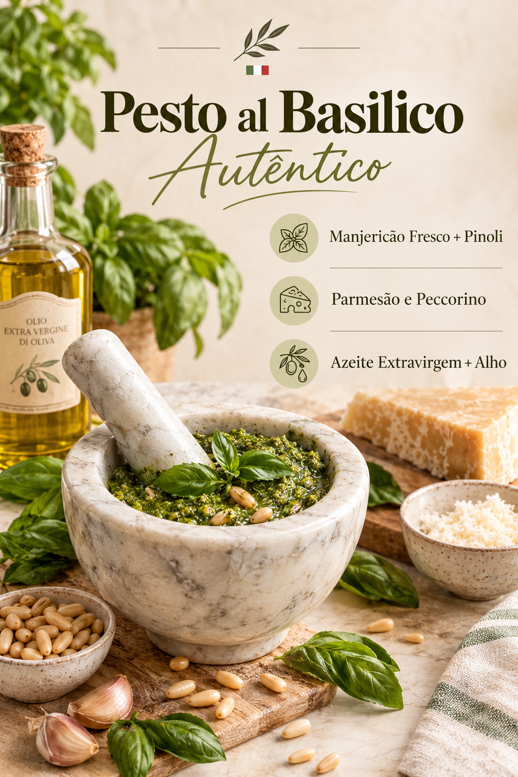 Molho pesto al basilico fresco em um pote de vidro ao lado de folhas de manjericão e queijo parmesão.