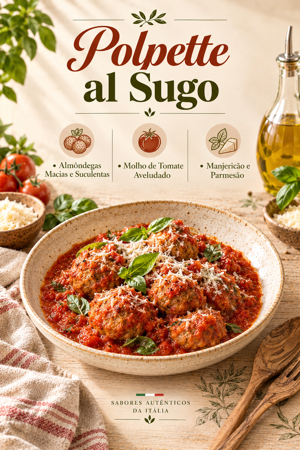 Prato fundo com Polpette al Sugo (Almôndegas ao Molho) cobertas por molho de tomate rústico e decoradas com manjericão. Imagem de capa ilustrativa gerada por Inteligência Artificial.