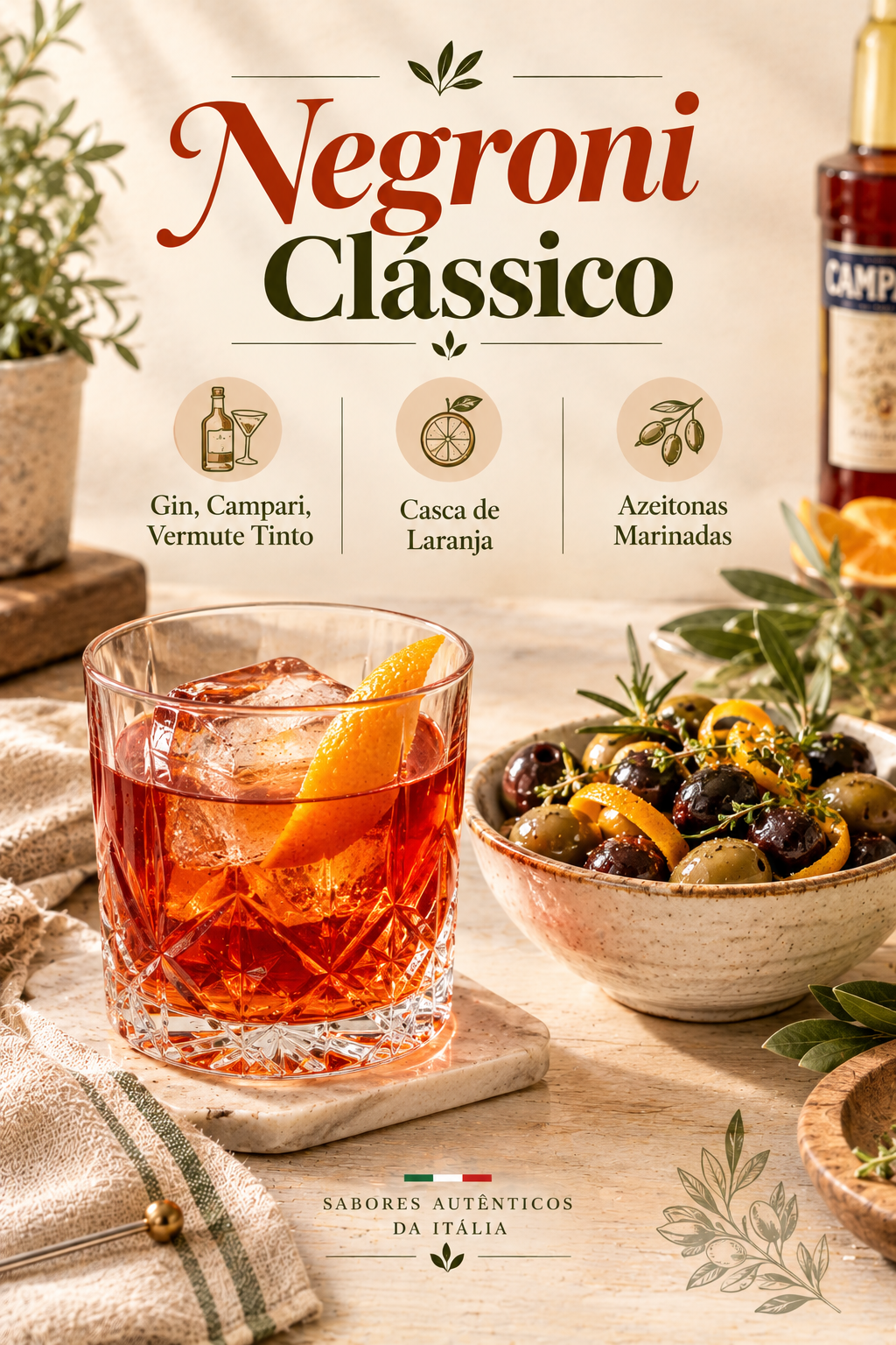 Copo Old Fashioned com Negroni Clássico decorado com casca de laranja ao lado de um potinho com azeitonas marinadas. Imagem de capa ilustrativa gerada por Inteligência Artificial.